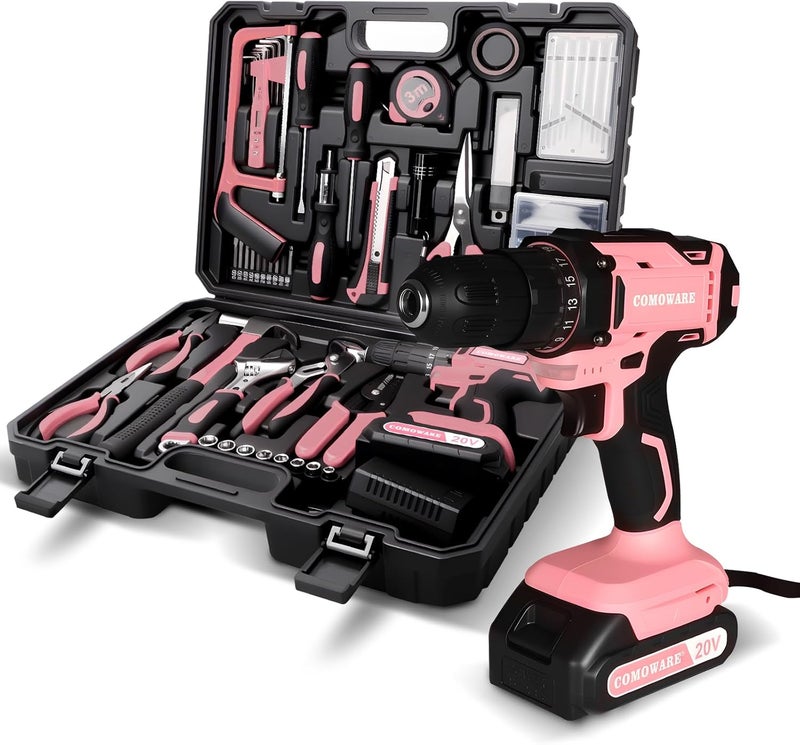 COMOWARE Pink Household Tool Set with 20V Cordless Drill Driver, 120Pcs Hand Tool Kit for Women, Power Drill Set with Plastic Toolbox, Ideal for Office, Garden, DIY Project - Image 1
